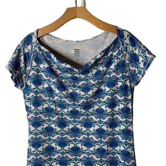 Title Nine Majestic Dress Cowl Neck Blue Fleur Baroque Fanfare Print Size Small - Picture 2 of 8